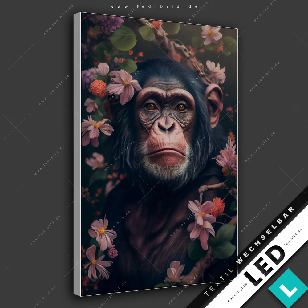 Canvalight LED-Bilder  Schimpanse zwischen Blumen  Tierwelt  ...