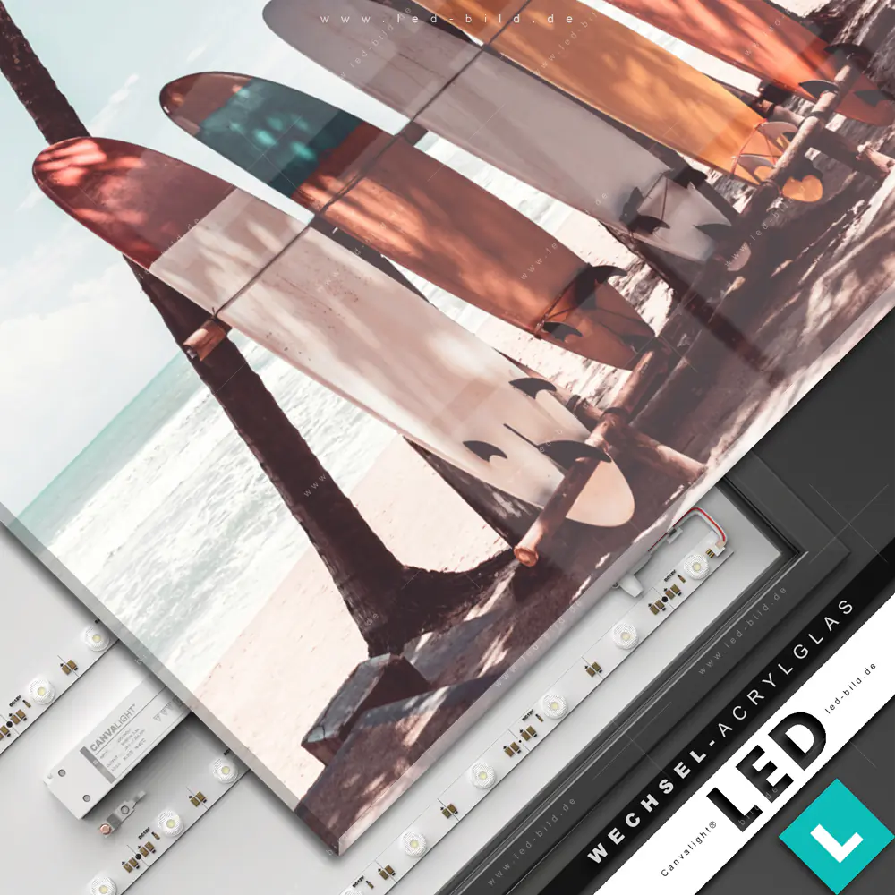LED Wechsel-Leinwand Canvalight® TEX | Palmen auf Insel | Querformat