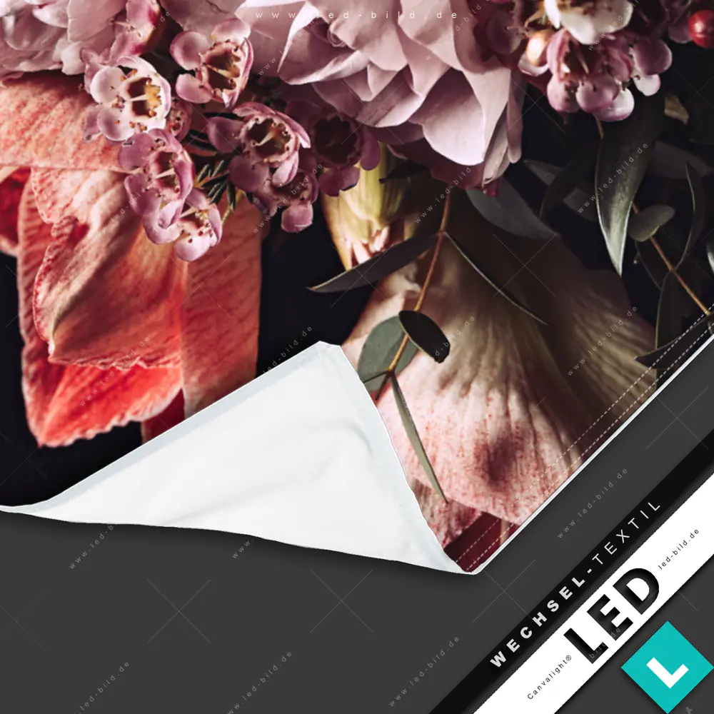 LED Wechsel-Leinwand Canvalight® TEX | Zarte Blüten in Orange | Querformat