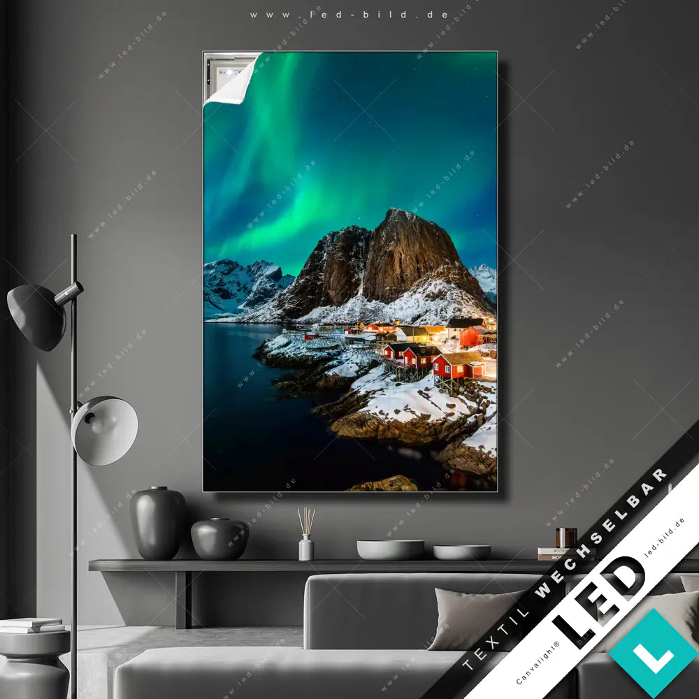 Canvalight® TEX LED-Bild Polarlichter über rote Häuser | Landschaften ...