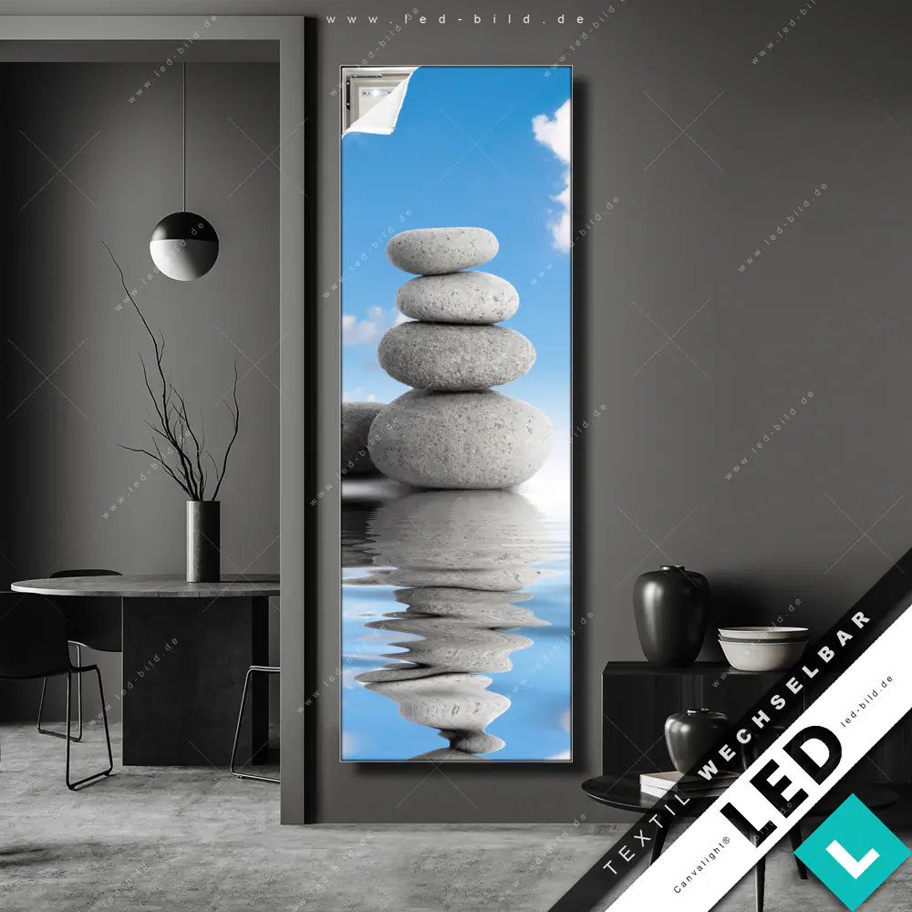 Canvalight® TEX LED-Bild ✓ Zensteine mit blauem Himmel und weißen Wolken | Buddha - Feng Shui