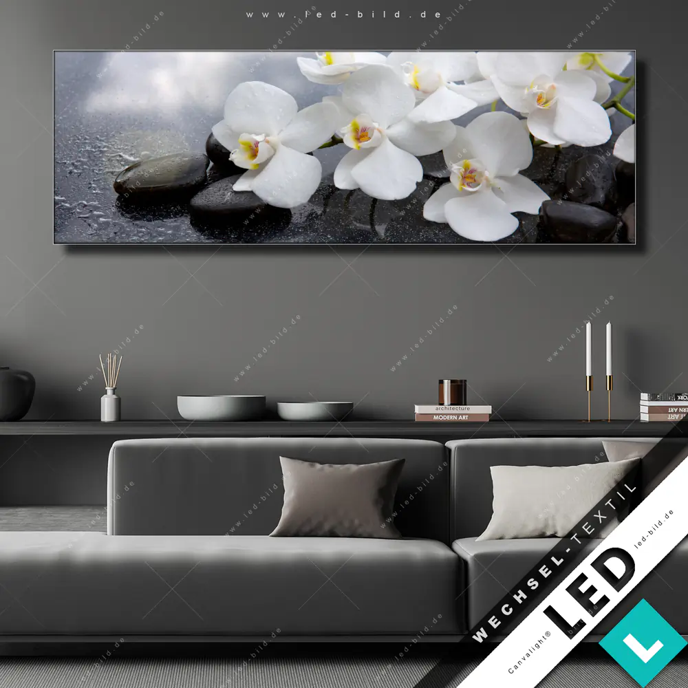 LED-Wechsel-Bild Canvalight® TEX ✓ weiße Orchideenblüten | Blumen -  Botanik, Buddha - Feng Shui